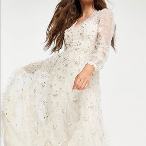 Needle & Thread London Midaxi Dress with Floral Embroidery in Ivory